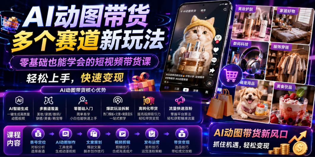 AI动图带货多个赛道新玩法,零基础也能学会的短视频带货课,轻松上手,快速变现-低成本创业项目大全|短视频带货+AI副业变现|知行创业网