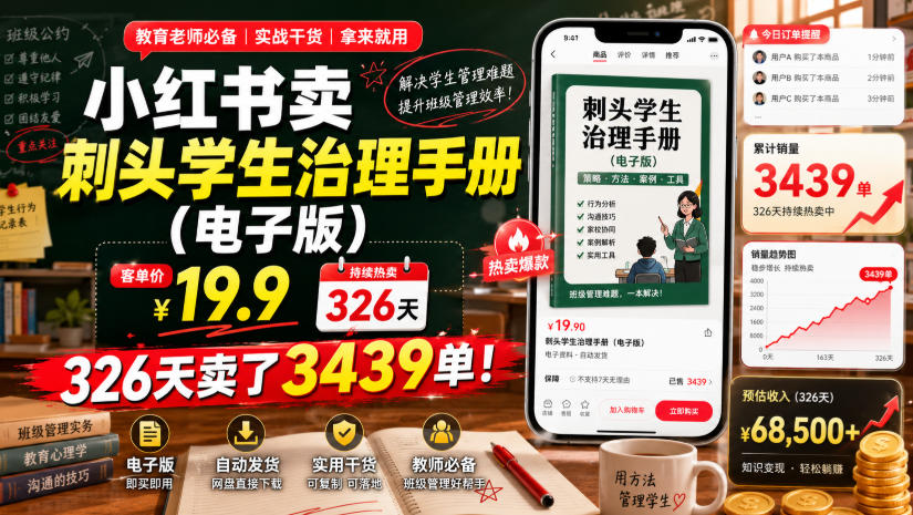 小红书卖刺头学生治理手册(电子版),客单价19.9,326天卖了3439单!-低成本创业项目大全|短视频带货+AI副业变现|知行创业网