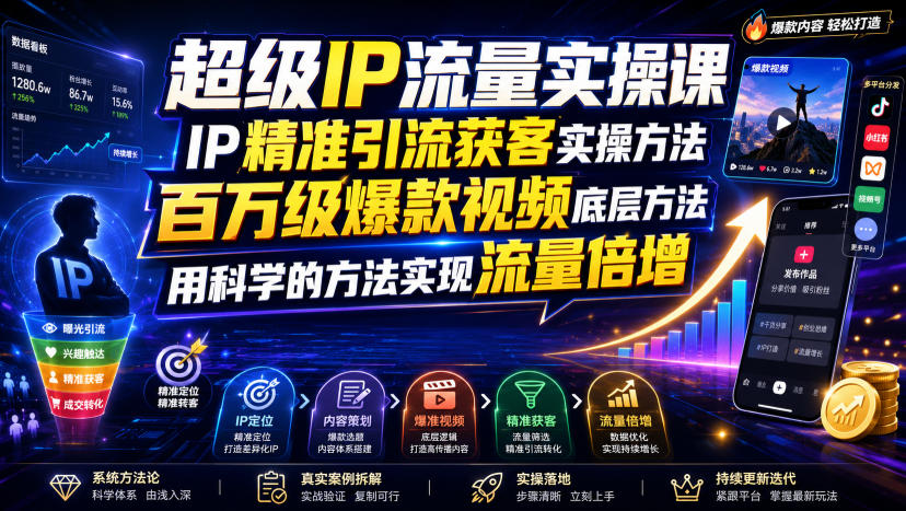 超级IP流量实操课,IP精准引流获客实操方法,百万级爆款视频底层方法,用科学的方法实现流量倍增-低成本创业项目大全|短视频带货+AI副业变现|知行创业网