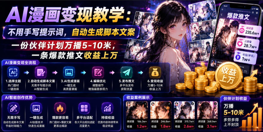AI漫画变现教学：不用手写提示词，自动生成脚本文案，一份伙伴计划万播5-10米，一条爆款推文收益上W-低成本创业项目大全｜短视频带货+AI副业变现｜知行创业网