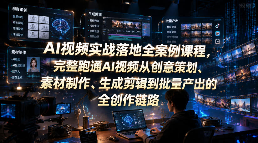 AI视频实战落地全案例课程，完整跑通AI视频从创意策划、素材制作、生成剪辑到批量产出的全创作链路-低成本创业项目大全｜短视频带货+AI副业变现｜知行创业网