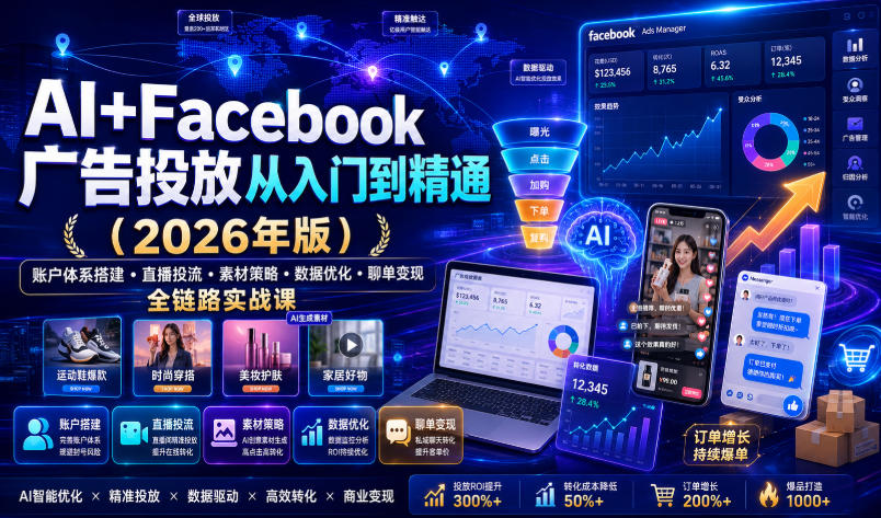 AI+Facebook广告投放从入门到精通(2026年版)|账户体系搭建・直播投流・素材策略・数据优化・聊单变现全链路实战课-低成本创业项目大全|短视频带货+AI副业变现|知行创业网