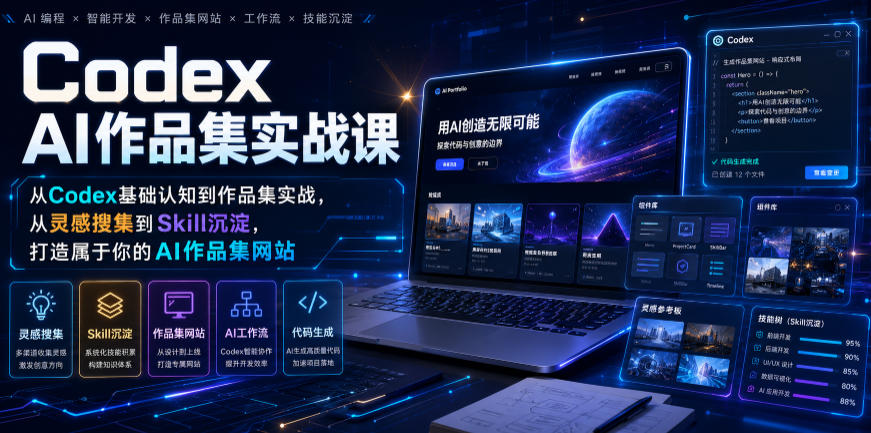 Codex AI作品集实战课，从Codex基础认知到作品集实战，从灵感搜集到Skill沉淀，打造属于你的AI作品集网站-低成本创业项目大全｜短视频带货+AI副业变现｜知行创业网