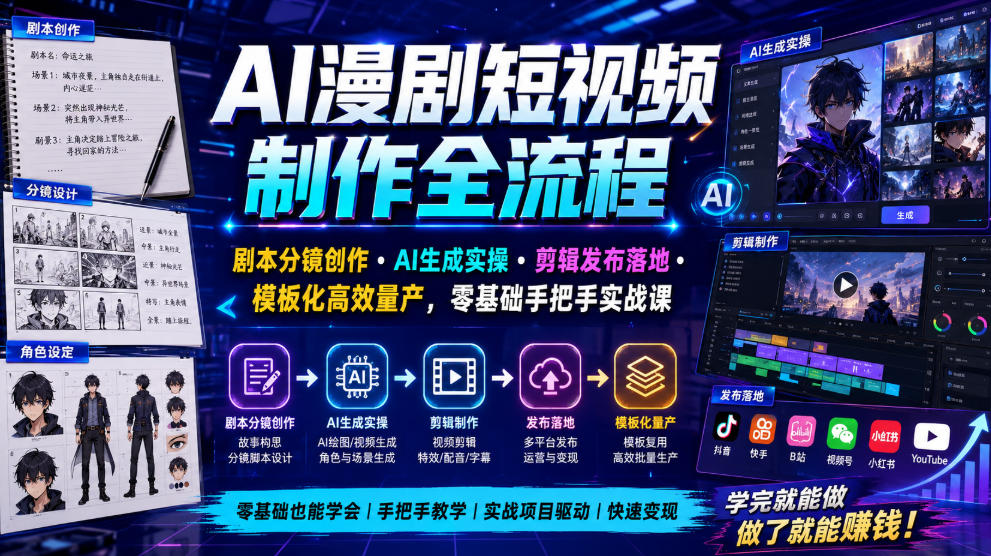 AI漫剧短视频制作全流程|剧本分镜创作・AI生成实操・剪辑发布落地・模板化高效量产,零基础手把手实战课-低成本创业项目大全|短视频带货+AI副业变现|知行创业网