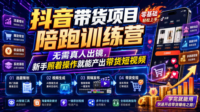 抖音带货项目陪跑训练营,无需真人出镜,新手照着操作就能产出带货短视频-低成本创业项目大全|短视频带货+AI副业变现|知行创业网