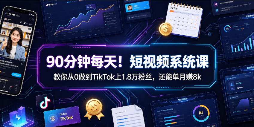 90分钟每天！短视频系统课教你从0做到TikTok上1.8万粉丝，还能单月賺8k【原创双语字幕】-低成本创业项目大全｜短视频带货+AI副业变现｜知行创业网