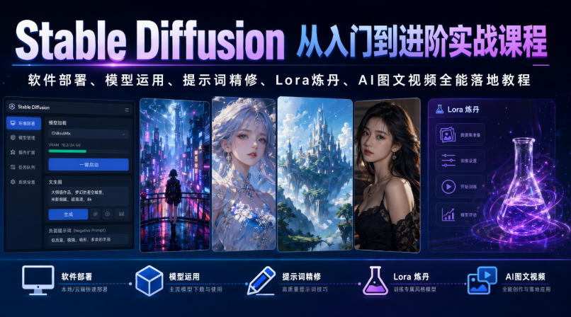 Stable Diffusion从入门到进阶实战课程｜软件部署、模型运用、提示词精修、Lora炼丹、AI图文视频全能落地教程-低成本创业项目大全｜短视频带货+AI副业变现｜知行创业网
