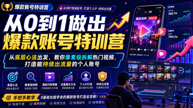 从0到1做出爆款账号特训营，从底层心法出发，教你像素级拆解热门视频，打造能持续出流量的个人账号-低成本创业项目大全｜短视频带货+AI副业变现｜知行创业网