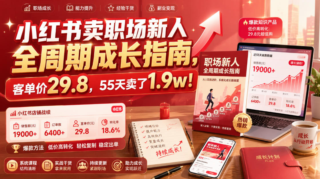 小红书卖职场新人全周期成长指南，客单价29.8，55天卖了1.9w！-低成本创业项目大全｜短视频带货+AI副业变现｜知行创业网