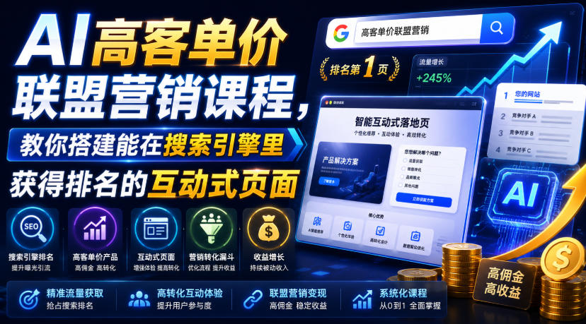AI高客单价联盟营销课程，教你搭建能在搜索引擎里获得排名的互动式页面，引来流量，把访客转化为高佣金的成交【原创双语字幕】-低成本创业项目大全｜短视频带货+AI副业变现｜知行创业网