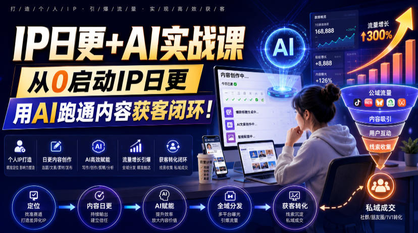 IP日更+AI实战课，从0启动IP日更，IP置顶视频制作+100条选题库搭建+10条日更规划，用AI跑通内容获客闭环!-低成本创业项目大全｜短视频带货+AI副业变现｜知行创业网
