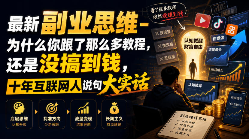 最新副业思维-为什么你跟了那么多教程,还是没搞到钱,十年互联网人说句大实话【揭秘】-低成本创业项目大全|短视频带货+AI副业变现|知行创业网