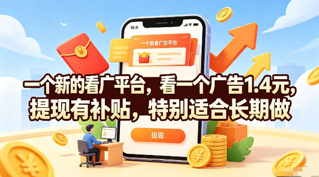 一个新的看广平台，看一个广告1.4元，提现有补贴，特别适合长期做【揭秘】-低成本创业项目大全｜短视频带货+AI副业变现｜知行创业网