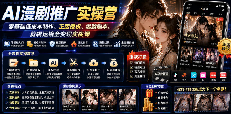 AI漫剧推广实操营｜零基础低成本制作、正版授权、爆款剧本、剪辑运镜全变现实战课-低成本创业项目大全｜短视频带货+AI副业变现｜知行创业网