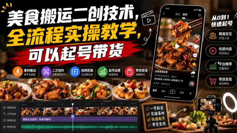美食搬运二创技术，全流程实操教学，可以起号带货-低成本创业项目大全｜短视频带货+AI副业变现｜知行创业网