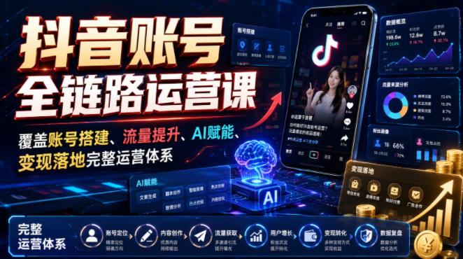 抖音账号全链路运营课，覆盖账号搭建、流量提升、AI赋能、变现落地完整运营体系-低成本创业项目大全｜短视频带货+AI副业变现｜知行创业网