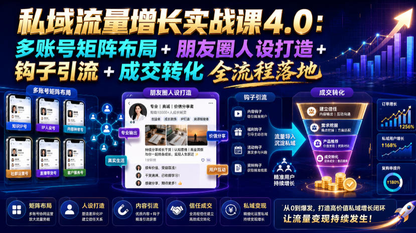 私域流量增长实战课4.0：多账号矩阵布局+朋友圈人设打造+钩子引流+成交转化全流程落地-低成本创业项目大全｜短视频带货+AI副业变现｜知行创业网