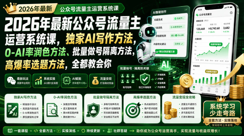 2026年最新公众号流量主运营系统课，独家AI写作方法，0-AI率润色方法、批量做号隔离方法、高爆率选题方法，全都教会你-低成本创业项目大全｜短视频带货+AI副业变现｜知行创业网