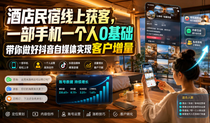 酒店民宿线上获客,一部手机一个人0基础带你做好抖音自媒体实现客户增量-低成本创业项目大全|短视频带货+AI副业变现|知行创业网