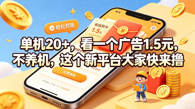 单机20+,看一个广告1.5米,不养机,这个新平台大家快来撸【揭秘】-低成本创业项目大全|短视频带货+AI副业变现|知行创业网