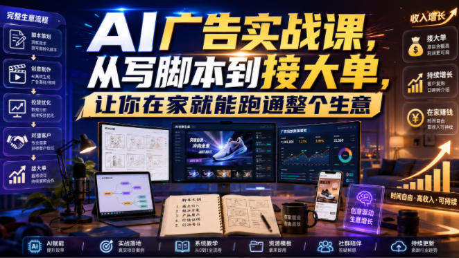 AI广告实战课，从写脚本到接大单，让你在家就能跑通整个生意【原创双语字幕】-低成本创业项目大全｜短视频带货+AI副业变现｜知行创业网