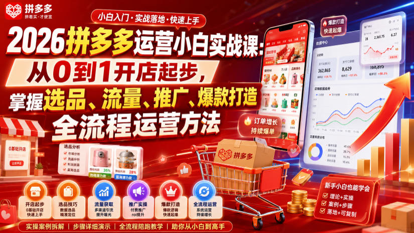 2026拼多多运营小白实战课：从0到1开店起步，掌握选品、流量、推广、爆款打造全流程运营方法-低成本创业项目大全｜短视频带货+AI副业变现｜知行创业网