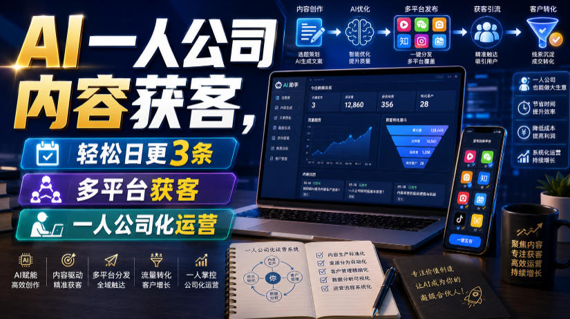 AI一人公司内容获客,轻松日更3条,多平台获客,一人公司化运营-低成本创业项目大全|短视频带货+AI副业变现|知行创业网