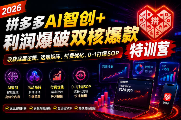 2026拼多多AI智创+利润爆破双核爆款特训营，收获底层逻辑、活动矩阵、付费优化、0-1打爆SOP-低成本创业项目大全｜短视频带货+AI副业变现｜知行创业网