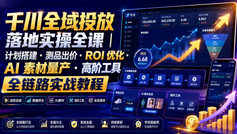 千川全域投放落地实操全课｜计划搭建・测品出价・ROI优化・AI素材量产・高阶工具全链路实战教程-低成本创业项目大全｜短视频带货+AI副业变现｜知行创业网