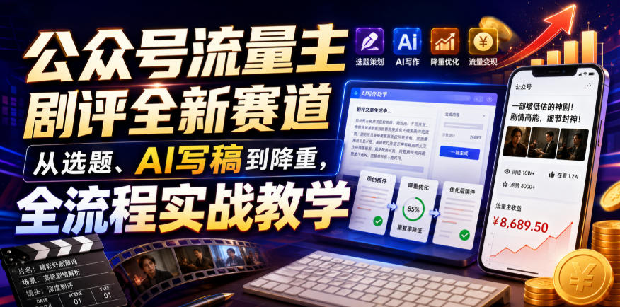 公众号流量主剧评全新赛道,从选题、AI写稿到降重,全流程实战教学-低成本创业项目大全|短视频带货+AI副业变现|知行创业网