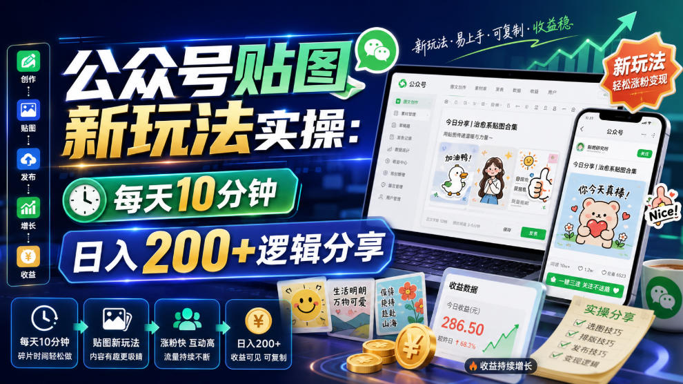公众号贴图新玩法实操，每天10分钟，日入200+逻辑分享-低成本创业项目大全｜短视频带货+AI副业变现｜知行创业网