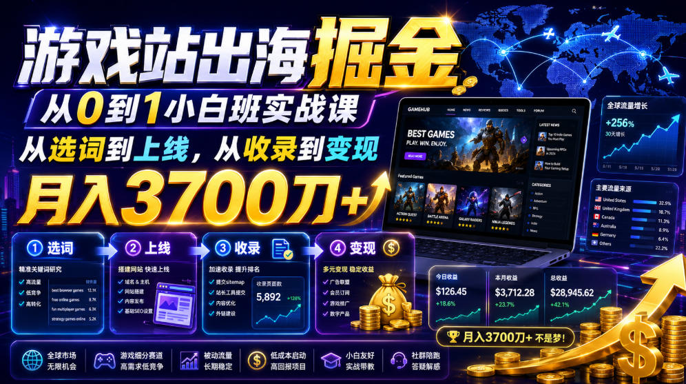 游戏站出海掘金从0到1小白实战课，从选词到上线，从收录到变现，月入3700刀+-低成本创业项目大全｜短视频带货+AI副业变现｜知行创业网